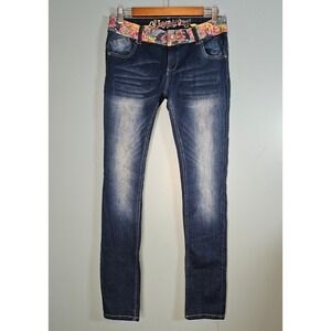 Desigual Jeans Women 28 Blue Skinny Low Rise Artsy Unique Statement Sequin Y2K